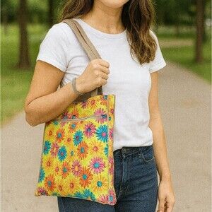 Behringer Bag Retro Floral Nylon Tote w/ Coin Purse Mini Bag Yellow Orange Blue